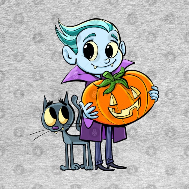 little dracula holds a pumpkin for halloween and the cat flies around his legs by duxpavlic